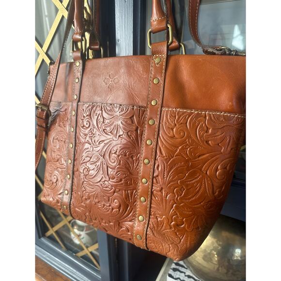 PATRICIA NASH Burnished Tooled Benvenuto Gold Leather Shoulder Bag Tote Cognac - Picture 2 of 10